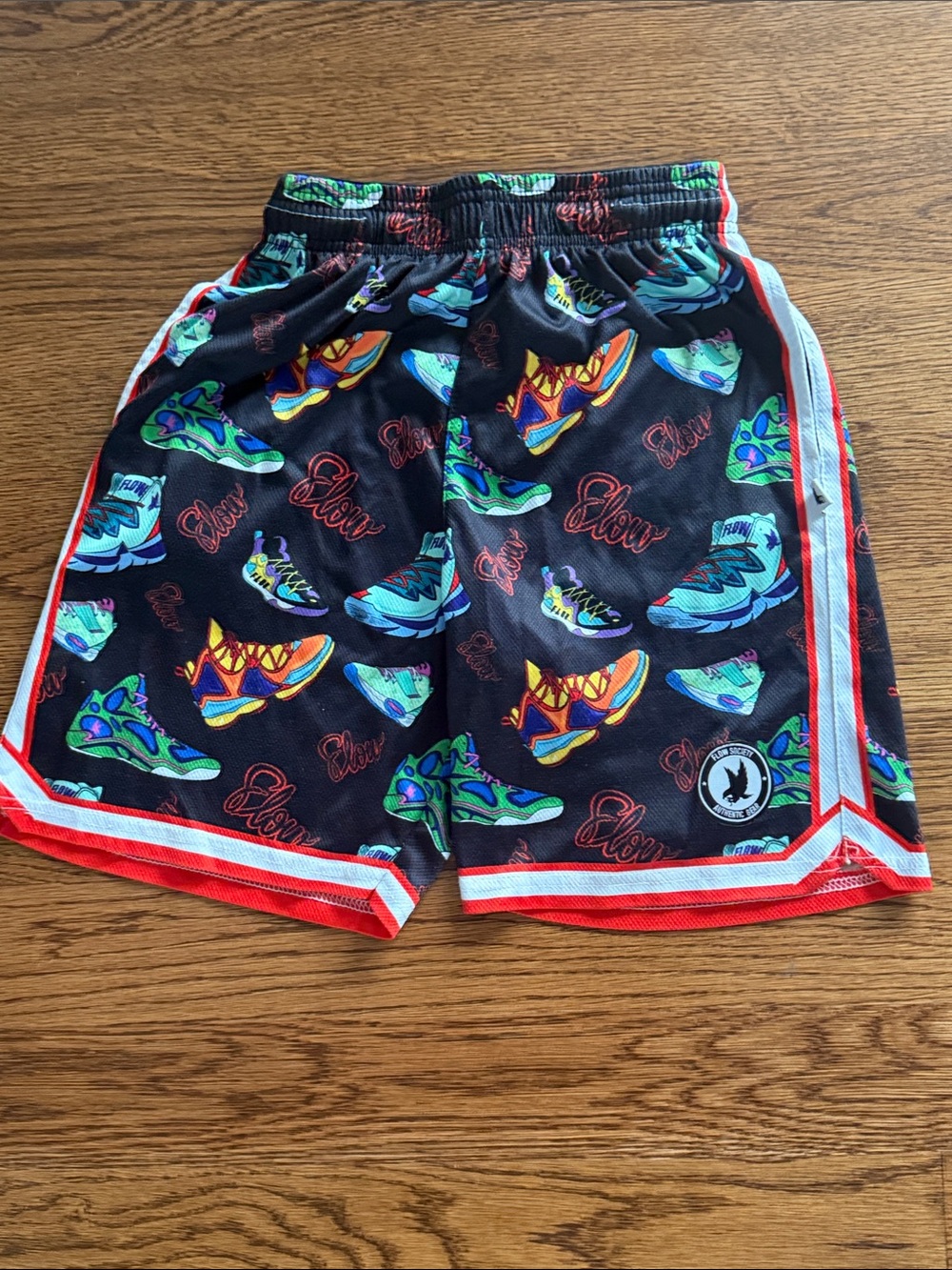 Kids Black Athletic Shorts with Colorful Sneaker Print - FLOW SOCIETY.